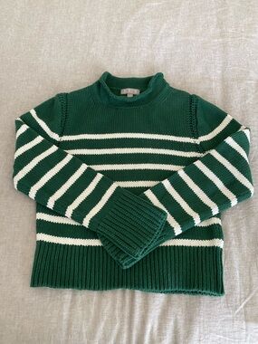 J. Crew Forest Green and White Striped Rollneck cropped Sweater